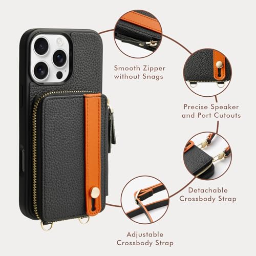 LAMEEKU Compatible with iPhone 16 Pro Max Wallet Case with Credit Card Holder, Leather Crossbody Case with Phone Grip Holder Stand Wrist Strap for iPhone 16 Pro Max 6.9 inch Black - color: Black, size: iPhone 16 Pro Max 6.9''