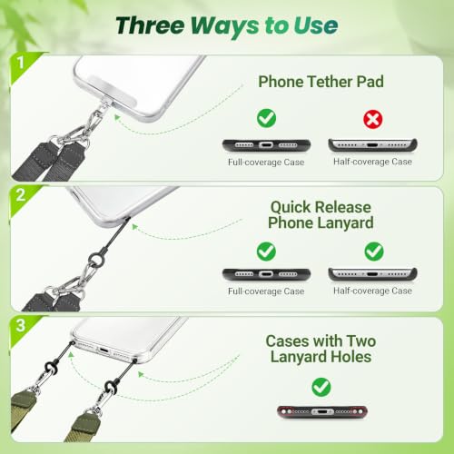 takyu Multifunctional Phone Lanyard, 3 in 1 Cell Phone Detachable Adjustable Crossbody Strap & Neck Lanyard & Wrist Lanyard with 2x Tether Tab for Most Smartphones, Outdoor Travel Essential Green - color: Greenx1