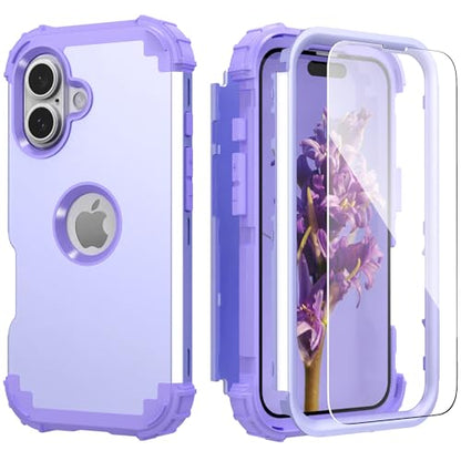 IDweel for iPhone 17 Case with Screen Protector, 3 in 1 Shockproof Slim Fit Hybrid Heavy Duty Hard PC Cover Soft Silicone Bumper Full Body Anti-Fingerprint Case, Purple - color: Purple