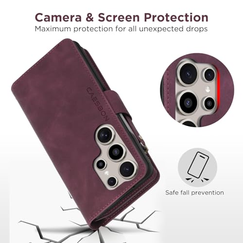 for Samsung Galaxy S24-Ultra-Wallet Case: with RFID Blocking Card Slots (6 Cards) | Soft PU Leather Magnetic Snap Zipper Pocket | Crossbody Wrist Strap Protective Phone Cover - Claret - color: Claret, size: Galaxy S24 Ultra（6.8‘’）
