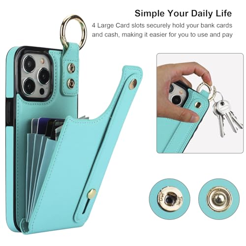 Folosu for iPhone 15 Pro Max Wallet Case with Card Holder, Hand Wrist Strap Loop Holder Kickstand, RFID Blocking Finger Grip Ring PU Leather Double Buttons Shockproof Cover 6.7" Green - color: Mint Green