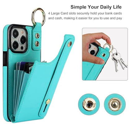 Folosu for iPhone 15 Pro Max Wallet Case with Card Holder, Hand Wrist Strap Loop Holder Kickstand, RFID Blocking Finger Grip Ring PU Leather Double Buttons Shockproof Cover 6.7" Green - color: Mint Green