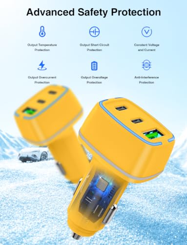 75W USB C Car Charger, 3-Port Super Fast Charging Cigarette Lighte - color: Yellow