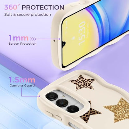 for Galaxy A15 Phone Case, Wavy Soft TPU, White-Leopard Star | Wavy Frame Design, Soft Slim TPU, Full Camera Lens Protection, Shockproof Phone Cover - color: White-Leopard Star, size: Samsung A15