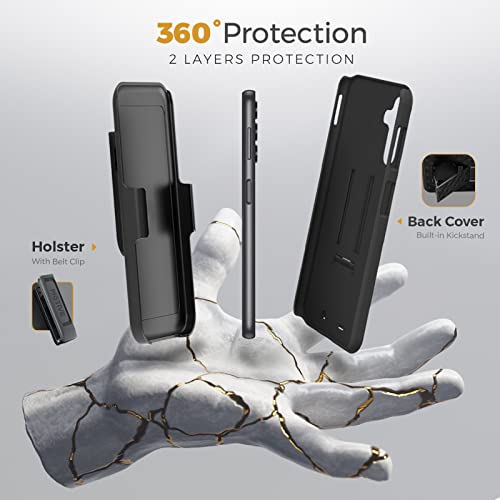 MOTIVE for Samsung Galaxy A14 Case with Belt Clip, Rigid, Kickstand | 6.6" | Ranger v1 Series, Black, 360° holster, open-top/open-bottom port access, textured grip, slim design - size: A14