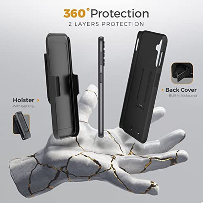 MOTIVE for Samsung Galaxy A14 Case with Belt Clip, Rigid, Kickstand | 6.6" | Ranger v1 Series, Black, 360° holster, open-top/open-bottom port access, textured grip, slim design - size: A14