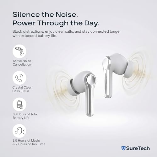 ANC Noise Cancelling Earbuds, Bluetooth 6.0, 60H Battery, White