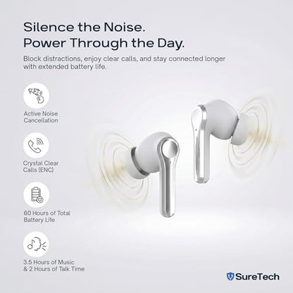 ANC Noise Cancelling Earbuds, Bluetooth 6.0, 60H Battery, White