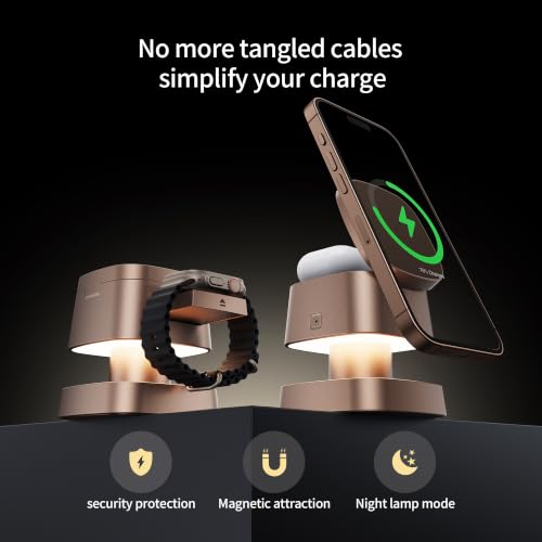 4 in 1 Magnetic Wireless Charging Station,15W Fast Charging with Night Light for MagSafe Charger Stand,3 in 1 Wireless Charger for iPhone 17/16/15/14/13 Pro Max,Apple Watch & AirPods,Sand Gold - color: Sand Gold