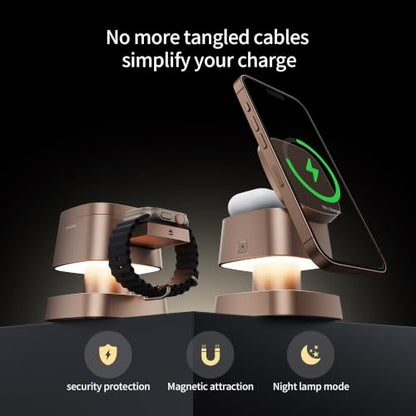 4 in 1 Magnetic Wireless Charging Station,15W Fast Charging with Night Light for MagSafe Charger Stand,3 in 1 Wireless Charger for iPhone 17/16/15/14/13 Pro Max,Apple Watch & AirPods,Sand Gold - color: Sand Gold