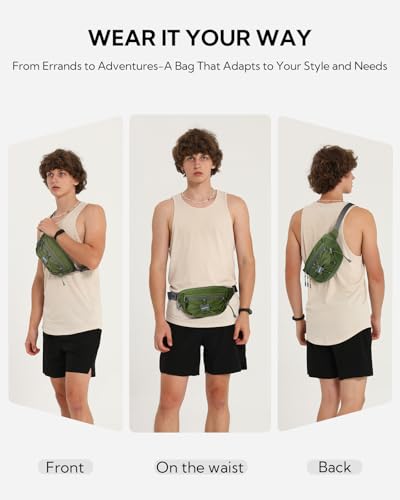 WATERFLY Small Fanny Pack RFID Blocking Travel Hiking Crossbody Waist Bag | Anti-theft design, Water resistant, Lockable zipper, Hidden rear pocket, Lightweight hip belt bag, EDC Running, Cycling, Gym - color: Green