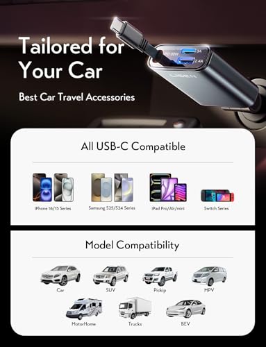 LISEN Retractable Car Charger USB C, [Upgraded 72W Max]