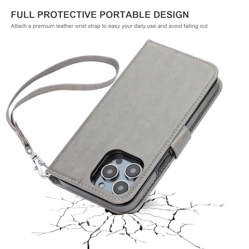 Bocasal Detachable Wallet Case Card Holder for iPhone 14 Pro Max Grey | RFID Blocking Kickstand Card Slots Holder PU Leather Magnetic Shockproof Wrist Strap Removable Flip Protective Cover 6.7 inch - color: Gray