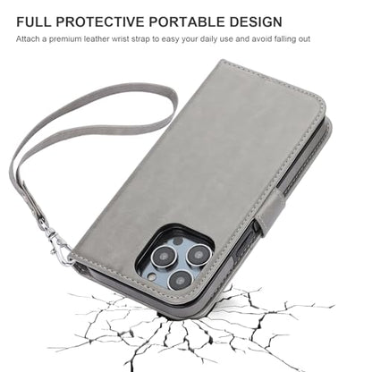 Bocasal Detachable Wallet Case Card Holder for iPhone 14 Pro Max Grey | RFID Blocking Kickstand Card Slots Holder PU Leather Magnetic Shockproof Wrist Strap Removable Flip Protective Cover 6.7 inch - color: Gray