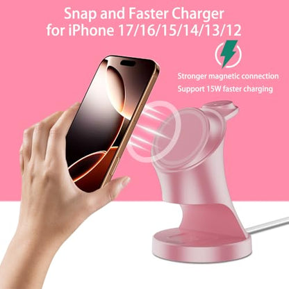 Wireless Charger,3 in 1 Magnetic Wireless Charger Stand, Fast Wireless Charging Dock for iPhone 17/16/15/14/13/12 Series, Apple Watch Series, AirPods Pro. - color: Pink
