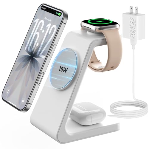 Magnetic Wireless Charging Station for iPhone: 3 in 1 15W Fast Charging for iPhone 17-12, Apple Watch & AirPods, N52 Magnets & 30W Adapter Included (Office/Bedside/Desk) - color: Matte White