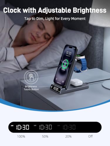 3 in 1 Charging Station for Apple, Travel Wireless Charger with Clock - color: Grey