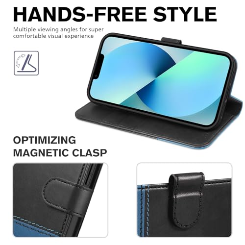 TUCCH Wallet Case for iPhone 13 (6.1"), 3 Card Holders, Black & Light Blue | RFID Blocking, Viewing Stand, Shockproof TPU Shell, PU Leather, Magnetic Closure, Protective Folio Flip Cover - color: Black & Light Blue