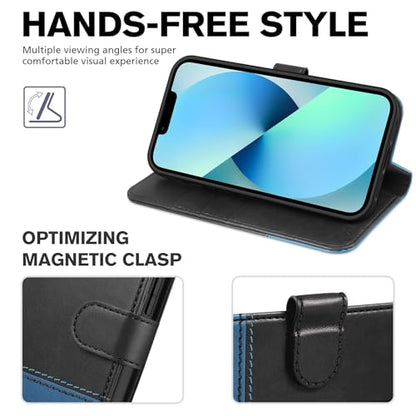 TUCCH Wallet Case for iPhone 13 (6.1"), 3 Card Holders, Black & Light Blue | RFID Blocking, Viewing Stand, Shockproof TPU Shell, PU Leather, Magnetic Closure, Protective Folio Flip Cover - color: Black & Light Blue