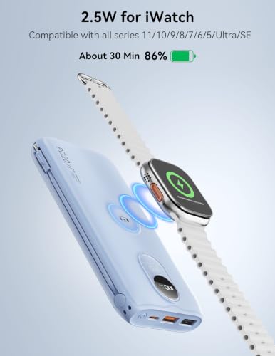 Portable Charger 10000mAh 20W, Wall Plug, 2 Cables, iWatch Charging - color: Mist Blue