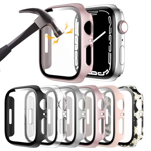 Rontion 6 Pack Hard PC Case Compatible with Apple Watch Series 9 8 7 41mm | Ultra-Thin Scratch Resistant Tempered Glass Screen Protector Cover Anti-Fall Full Protective Bumper for iWatch S9/S8/S7 41mm - color: Black+Clear+Silver+Rose Gold+Pink+Leopard, si