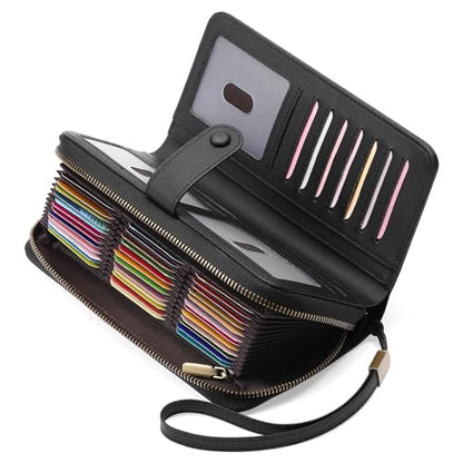 GAEKEAO Leather Credit Card Holder Wallet for Women RFID Blocking Large Capacity Bifold Zipper Card Case Organizer with Wristlet 45 Slots - color: Black02