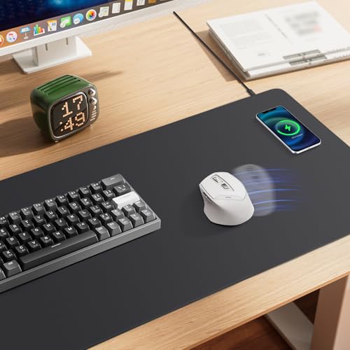 Mouse Pad with Wireless Charging, PU Leather Fast Charging Gaming Mouse Pad, Waterproof Anti-Slip Surface, Easy Clean Office Table Mat, 32L x 16W x 0.15H inches, Black(Right Side Charging Port)