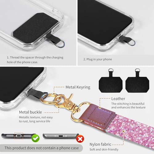 Cell Phone Lanyard Adjustable Crossbody Strap, Cute Phone Neck Wristlet Wrist Strap Patch for Keys Case Accessories - color: Pink Glitter