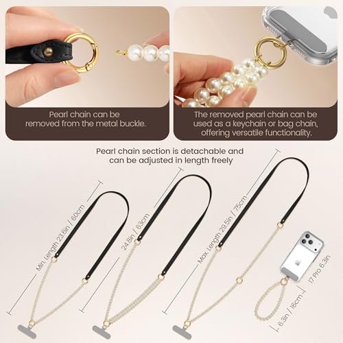 pcgaga Leather Pearl Phone Lanyard for Cellphone Case, Phone Strap Crossbody for Women's Case, Fashion Durable Skin-Friendly - color: Black