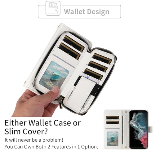 Wallet Case for Samsung Galaxy S22 Ultra 5G with Detachable Wrist Strap, 9+ Card Slots Zipper Purse, Luxury PU Leather Stand Full Body Phone Cover for S22ultra 22S S 22 S22ultra5g 6.8 White | Wrist/Shoulder Strap, 9+ Card Slot, Luxury PU Leather, Full Bod