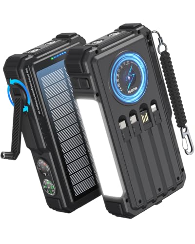 BLAVOR Solar Power Bank with Hand Crank and Built-in 4 Cables 20000mAh - color: Black