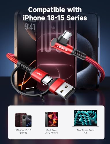 JSAUX 3-in-1 USB C Cable 10 Ft for iPhone 18 Pro, 100W Cable 2-Pack Red - color: Red, size: 10FT