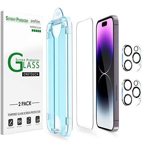 amFilm Auto-Alignment OneTouch for iPhone 14 Pro [6.1''] Screen Protector + Camera Lens Protector, Tempered Glass, 30 Seconds Installation, Bubble Free, Case Friendly, Anti-Scratch 2 Pack - size: IPH14P-6.1”