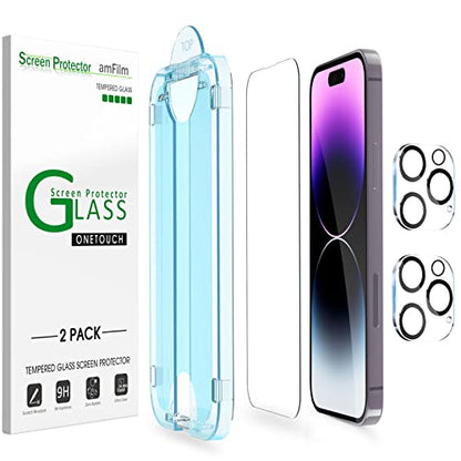 amFilm Auto-Alignment OneTouch for iPhone 14 Pro [6.1''] Screen Protector + Camera Lens Protector, Tempered Glass, 30 Seconds Installation, Bubble Free, Case Friendly, Anti-Scratch 2 Pack - size: IPH14P-6.1”