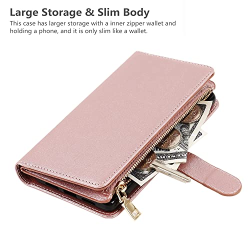 iCoverCase for Samsung Galaxy S23 Wallet Case with Card Holder, Kickstand Feature PU Leather Case with Adjustable Crossbody Lanyard Magnetic Clasp Zipper Pocket Flip Cover (Rose Gold) - color: Rose Gold, size: Galaxy S23