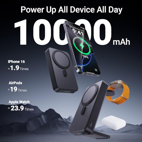 Kysson 5-in-1 Portable Charger,10000mAh Foldable Power Bank Fast Charging,MagSafe Charger Battery Pack Magnetic,Travel Wireless Charging Station for iPhone 17/16/15/14/13/12,iWatch,Air pods, Black