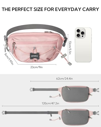 WATERFLY Small Fanny Pack RFID Blocking Travel Hiking Crossbody Waist Bag | Anti-theft design, Water resistant, Lockable zipper, Hidden rear pocket, Lightweight hip belt bag, EDC Running, Cycling, Gym - color: Pink