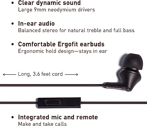 Panasonic ErgoFit Wired Earbuds with Microphone, 3.5mm Jack Wired Headphones with Mic and Call Controller, Ergonomic Custom-Fit Earpieces (S/M/L), for Phones and Laptops - RP-TCM125-KA (Matte Black) - color: Matte Black, size: S/M/L, style: With Mic