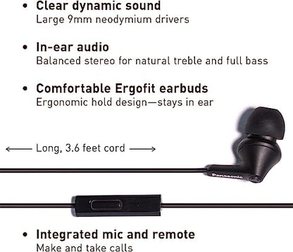 Panasonic ErgoFit Wired Earbuds with Microphone, 3.5mm Jack Wired Headphones with Mic and Call Controller, Ergonomic Custom-Fit Earpieces (S/M/L), for Phones and Laptops - RP-TCM125-KA (Matte Black) - color: Matte Black, size: S/M/L, style: With Mic