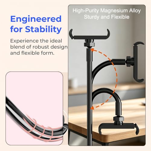 Phone Holder for Bed, Adjustable Stable Metal Cell Stand Mount for Desk Table BedHeadboard, Bed, Bedside, Table, Flexible Long Arm Stand, Overhead Cell Phone Clamp Mount,for All 4-7” Device