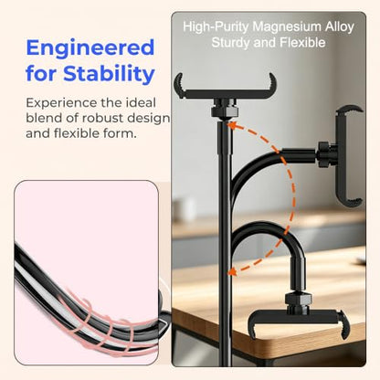 Phone Holder for Bed, Adjustable Stable Metal Cell Stand Mount for Desk Table BedHeadboard, Bed, Bedside, Table, Flexible Long Arm Stand, Overhead Cell Phone Clamp Mount,for All 4-7” Device