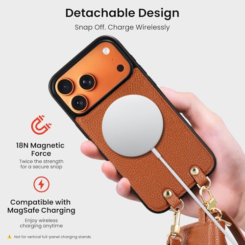 ORNARTO Magnetic Detachable Wallet Case for iPhone 17 Pro Max, Brown | Compatible with MagSafe, Crossbody Wallet Case with Card Holder Wrist Strap, RFID Blocking PU Leather Wallet Phone Cover 6.9” - color: Brown