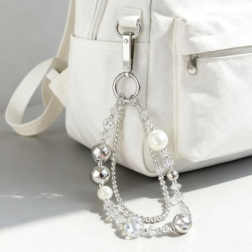 Luxury Pearl Phone Wrist Strap Crystal Diamond Beaded Keychain Wristlet for Phone Chain Wristlet Glitter Rhinestone Cellphone Lanyard Dual Chains Phone Strap Wrist Keychain Bag Charms for Handbags