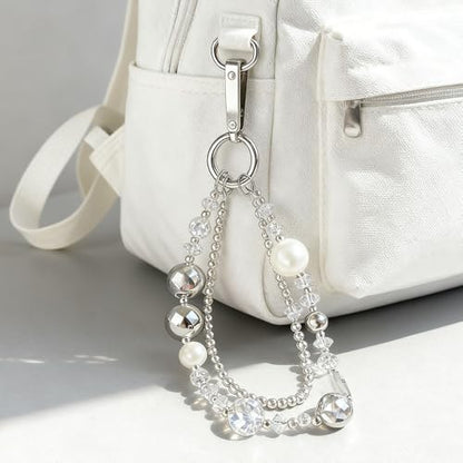 Luxury Pearl Phone Wrist Strap Crystal Diamond Beaded Keychain Wristlet for Phone Chain Wristlet Glitter Rhinestone Cellphone Lanyard Dual Chains Phone Strap Wrist Keychain Bag Charms for Handbags