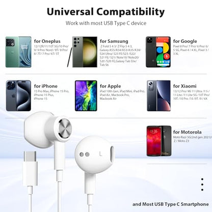 Jelanry Magnetic USB-C Wired Earbuds HiFi Stereo Headphones with Mic, White - color: White