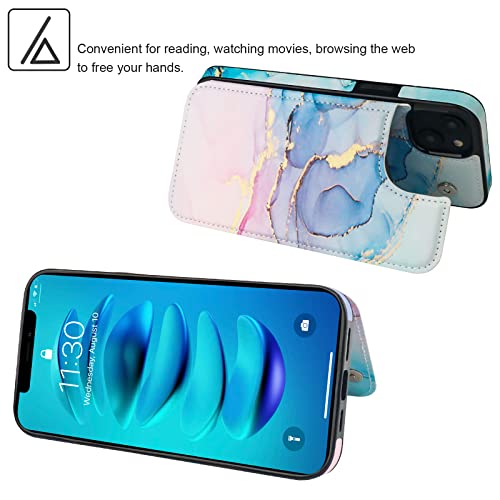 HAOPINSH for iPhone 14 Wallet Case with Card Holder, Pink Blue Marble Pattern Back Flip Folio PU Leather Kickstand Card Slots Case for Women Girls, Double Magnetic Clasp Shockproof Cover 6.1" - color: Pink Blue Marble