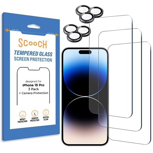 Scooch (5-in-1 Compatible with iPhone 15 Pro Screen Protector (3-Pack) with Camera Lens Protector (2-Pack) Premium 9H Tempered Glass, Anti-Scratch, Anti-Fingerprint, Impact Resistant - size: iPhone 15 Pro