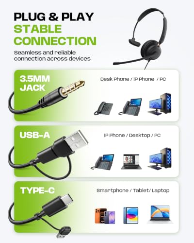 Acer USB Headset with Microphone, Clear Sound Quality for Call ＆ Meetings, Wired Computer Headset for PC Laptop, Single Ear Headset for Office, Work, Teams and Call Center Use - USB-A/C & 3.5mm