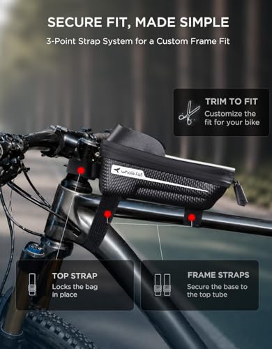 whale fall Bike Frame Bag, Molded Hard Shell, Reflective Bike Phone Holder | Waterproof Top Tube Bag with TPU Touchscreen, Fits Phones up to 7", Includes Rain Cover for Commuting and Night Riding - color: Black - Reflective Strip