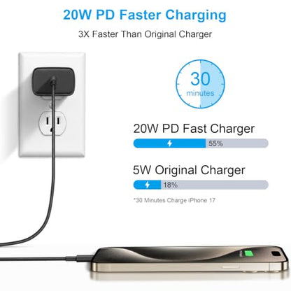 iPhone 17 16 15 Charger Fast Charging 12FT - 20W USB C Charger Block - color: Black, size: 12FT